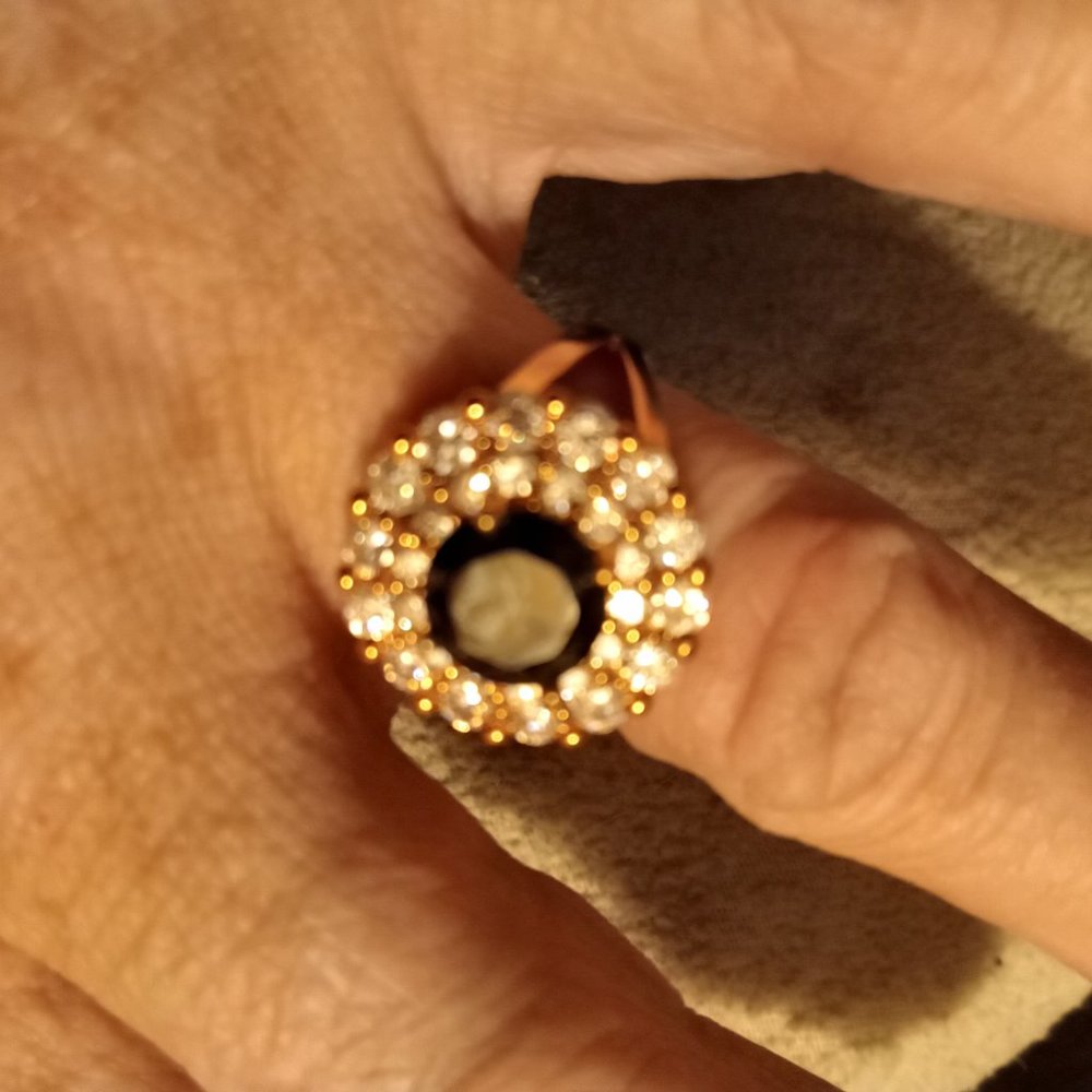 Women's Cocktail statement ring gold tone blue and white rhinestones size 6.5